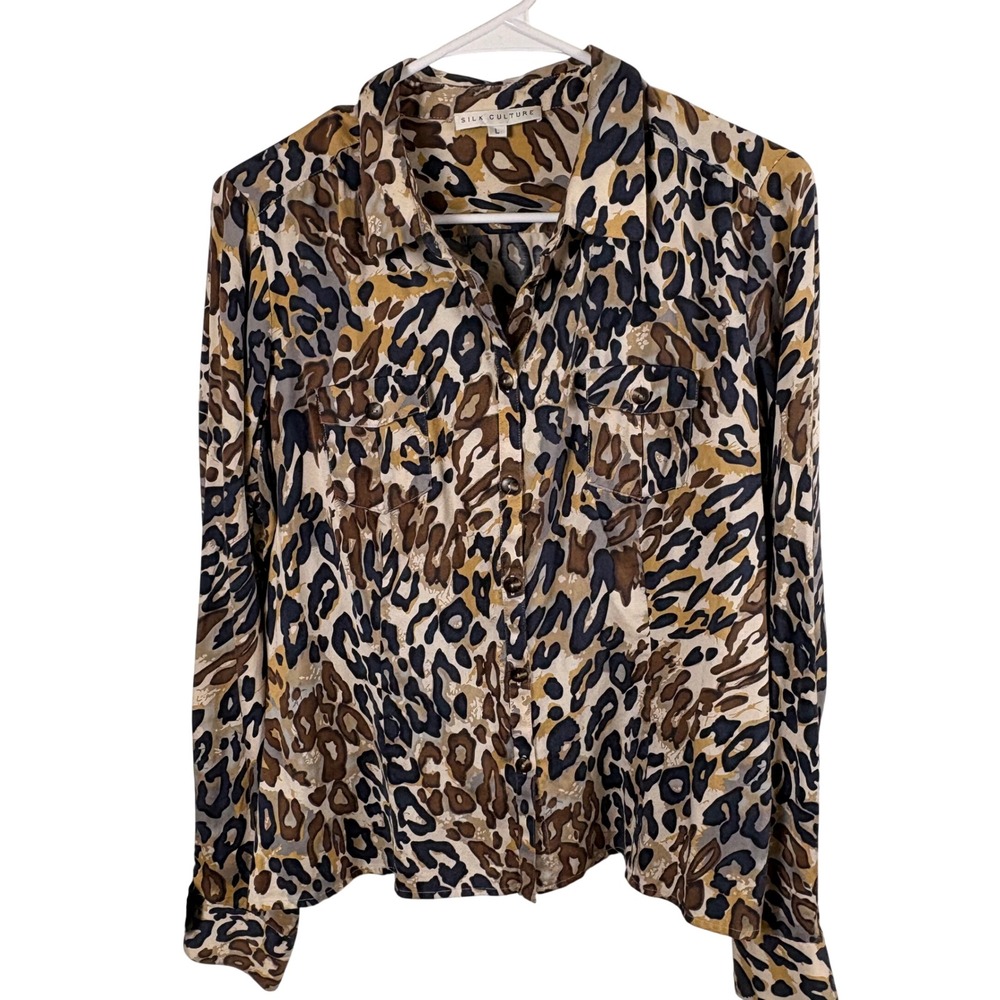 Silk Blend Button Down Leopard Print Blouse L Long Sleeve Brown Black Mob Wife